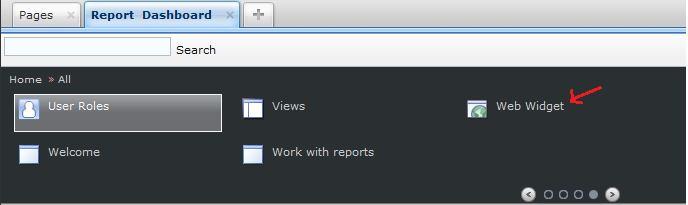 4]Drag-and-drop the web widget into the space below the widget list. Enter the URL of the report in the web widget URL field.