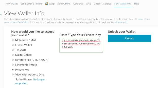 Step 8: Unlock Your Wallet to Using Private Key To unlock your wallet and get your public address: go to view wallet Info Tab Select Keystore File (UTC / JSON) and drag and