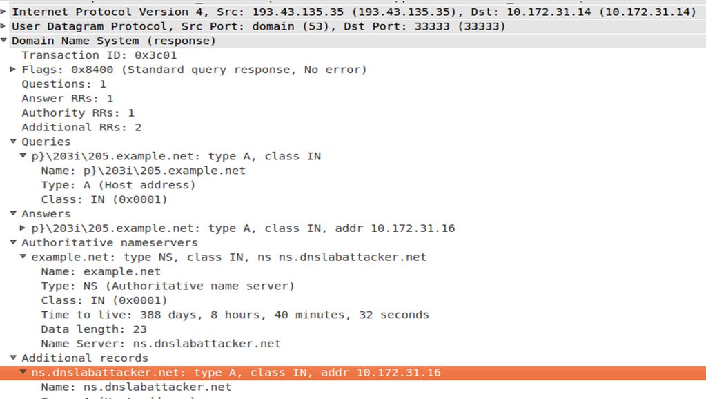 CS482 Remote DNS Cache Poisoning Attack Lab 8 Figure 3: A Sample DNS Response Packet iv. The fourth IP is the spoofed response source IP, i.e. the IP of the DNS server to which the Target DNS server forwards requests.