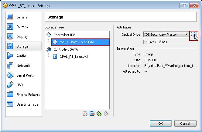 10. In the Storage category, attach the ISO image of OPAL-RT Linux under Controller: IDE.