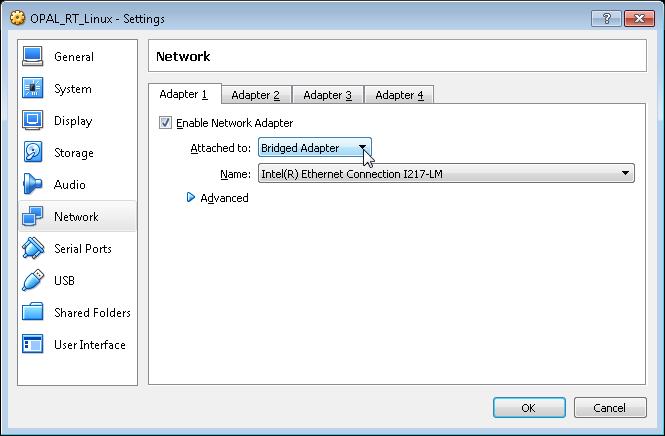 12. In the Network category, make sure Enable Network Adapter is checked, and select Bridged Adapter.