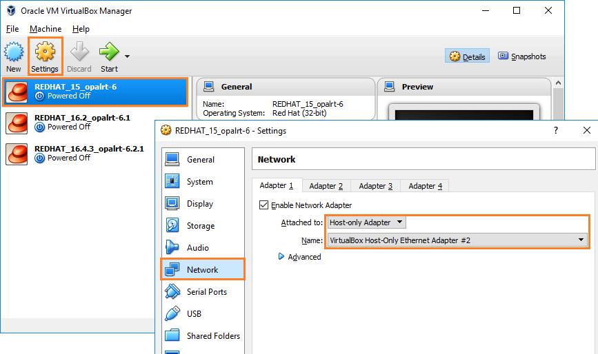 Once the Host-Only Ethernet Adapter has been set, click on the virtual machine and then click Settings.
