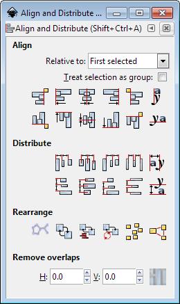 Aligning and distributing Object > Align and Distribute Align = Give objects the same centre/edge position Distribute = Space objects