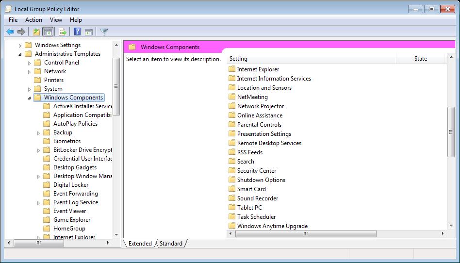 Figure 15. Windows Components in the Local Group Policy Editor 2.