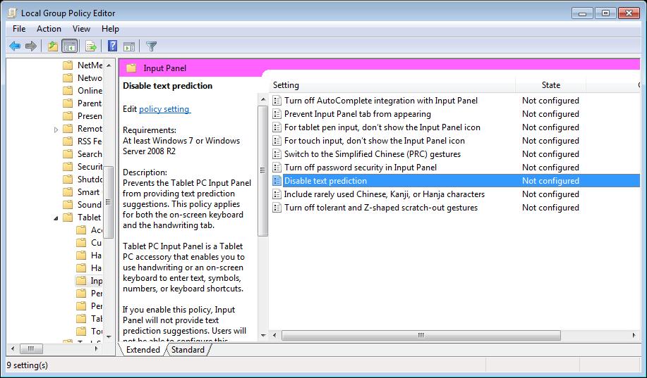 System Configuration Software Configuration Figure 16. Input Panel in the Local Group Policy Editor 3. Double-click to select the [Input Panel] icon, which is indicated in Figure 16. 4.