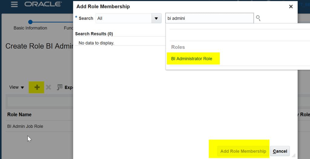 Chapter 3 Setup and Configuration This figure shows the Add Role Membership page for creating roles. 9. From the search result select BI Administrator Role and click Add Role Membership. 10.