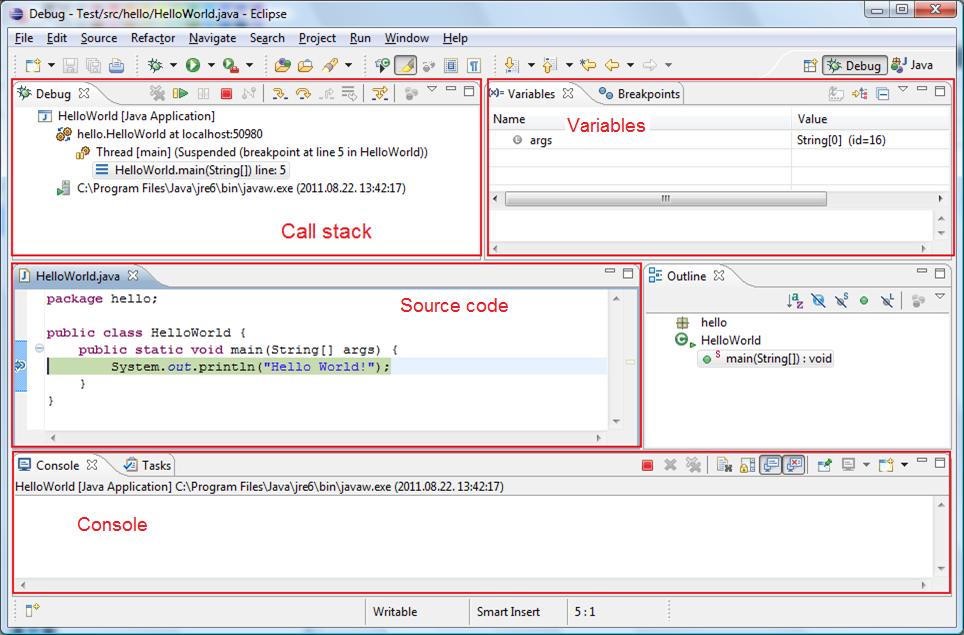 Tick the option Remember my decision and click on Yes. The Eclipse window will be rearranged: In the Debug window we can see where we are in the call hierarchy (call stack).