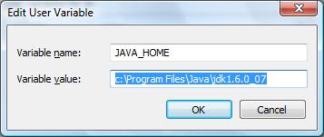 If there is no JAVA_HOME in the list under User variables for... then add it to the list with the New... button! If it is already set use the Edit... button to correct its value if necessary!