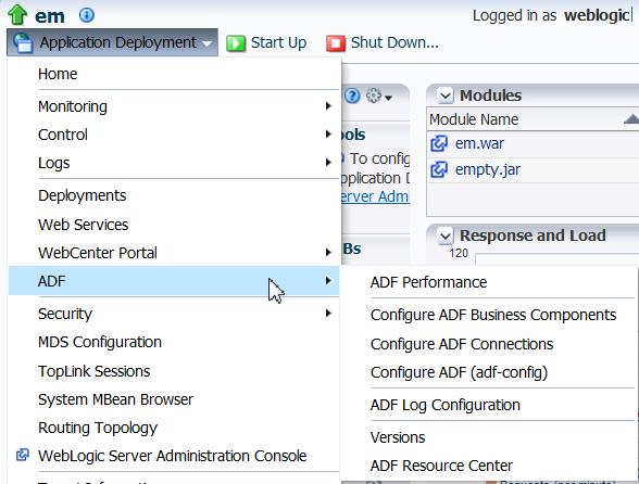 Getting Started Using Fusion Middleware Control to Manage ADF This image shows the ADF menu. The options are described in the table that follows.
