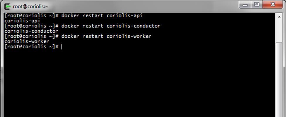 Figure 10. Restart Docker Containers affected by OVM configuration changes Coriolis GUI To begin working with the Coriolis UI, point a web browser to the IP address of your Coriolis VM.