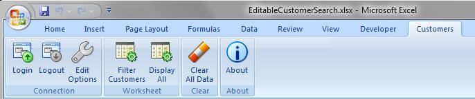 Using Action Sets Figure 8 3 shows an example of custom runtime ribbon tab implemented in EditCustomerSearch.xlsx. Figure 8 3 Runtime Ribbon Tab of EditCustomerSearch.xlsx 8.1.