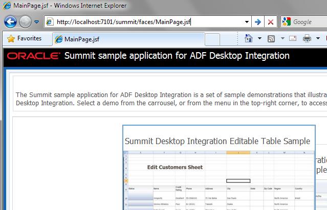 Adding an Integrated Excel Workbook to a Fusion Web Application Figure 4 5 Browser Home Page of Summit Sample Application for ADF Desktop Integration in a For information about how to verify that the