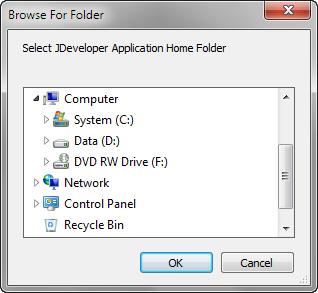 Enabling ADF Desktop Integration Manually Figure 4 12 Browse For Folder Dialog Use the Browse for Folder dialog to select the JDeveloper application home directory.