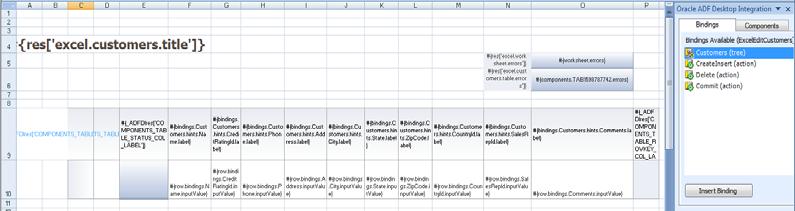 Designer Ribbon Tab binded ADF Table component is inserted in the integrated Excel workbook using the Customers binding from the Bindings palette.