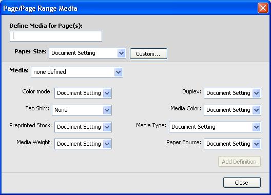 COMMAND WORKSTATION 22 TO DEFINE MEDIA FOR SPECIFIC PAGES 1 In the Mixed Media dialog box, click New Page Range. The Page/Page Range Media dialog box appears.