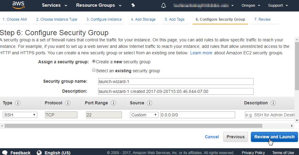 14. Create a new Security Group, or select an existing one. Verify that the necessary ports required for connections to the appliance are allowed.