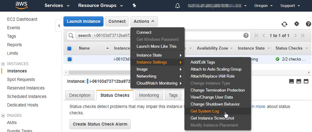 EC2 Instance System Logs 5. Select the row for your TE-x25 appliance 6. Expand the Actions -> Instance Settings menu and select Get System Log. 7.