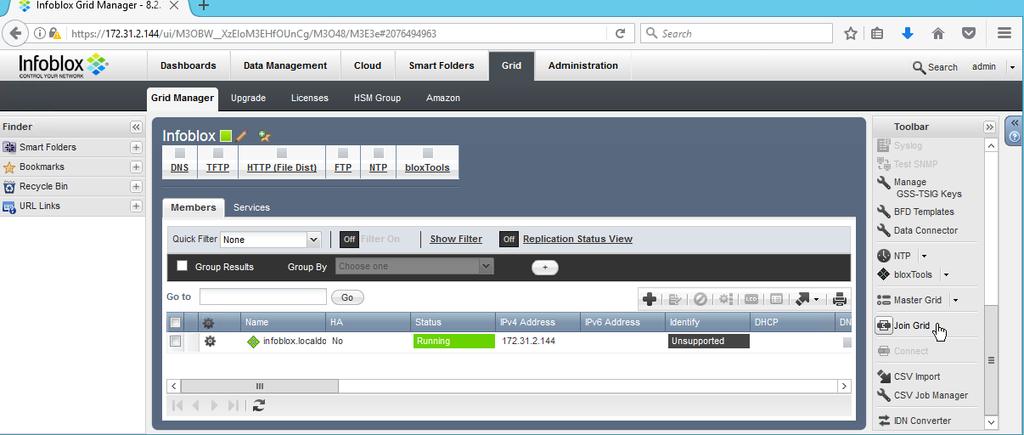 GUI. Join a Grid Using the Grid Manager GUI To join your Infoblox appliance to an existing using its Grid Manager GUI: 1. Log in to the Grid Manager GUI for the appliance being joined to your Grid.