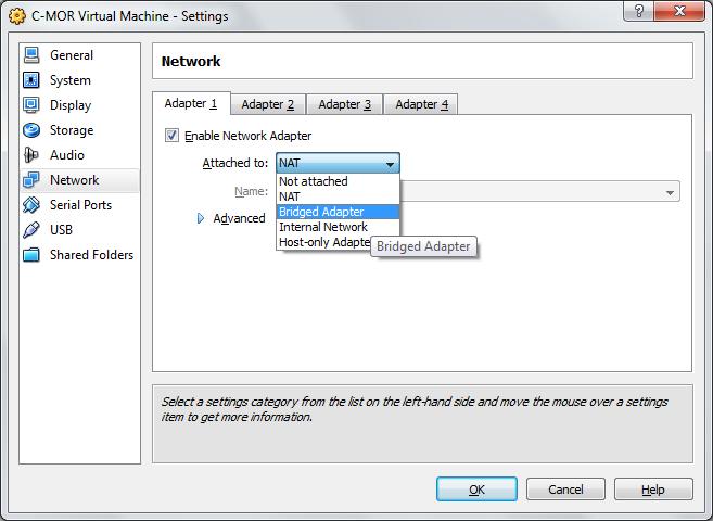 Select Network in the left menu and set Bridged Adapter for the Adapter 1 as the Attached to: value.