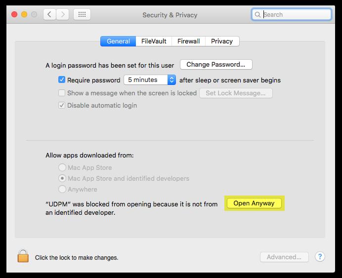 Just click Ok open the OSX System Preferences panel from the Apple symbols pull down menu, click on Security & Privacy you will be