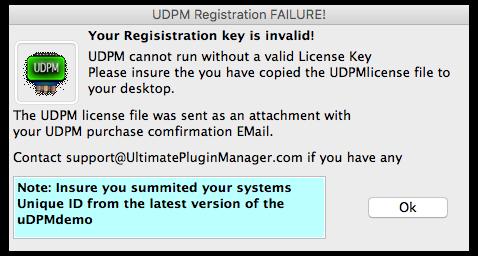 9 The "UDPM Registration Failure!" panel If you encounter this screen, please send your UDPM receipt as a reply Email to support@ultimatepluginmanager.