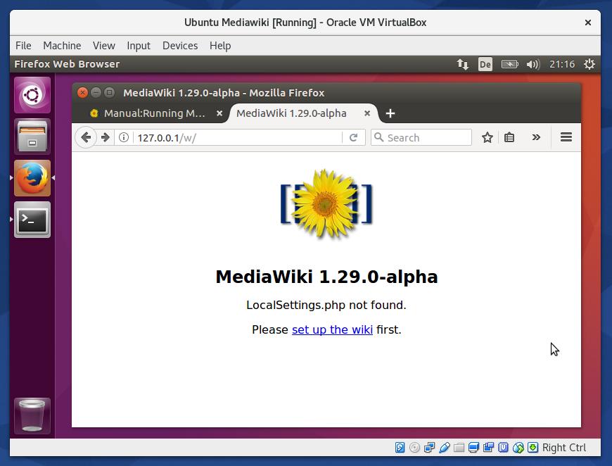Now we can start configuring our Mediawiki installation. We will follow the instruction of the installation wizard to create a LocalSettings.php file.