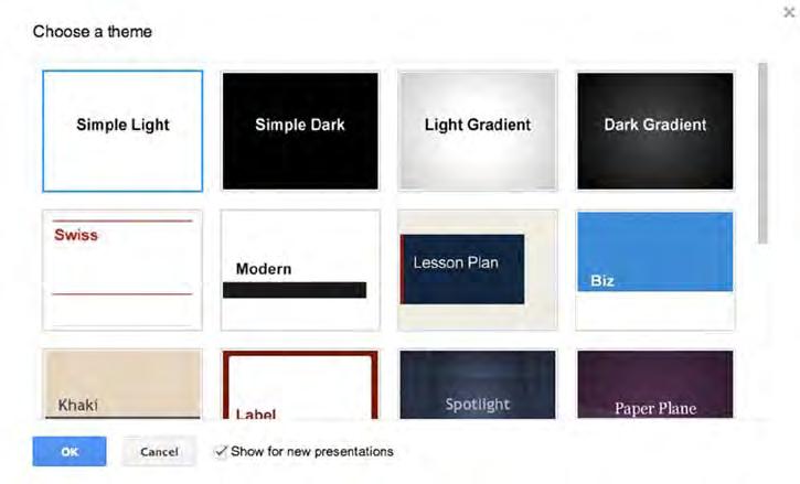 Presentations When you create a new presentation you will be prompted to choose a theme. Select one and click OK.