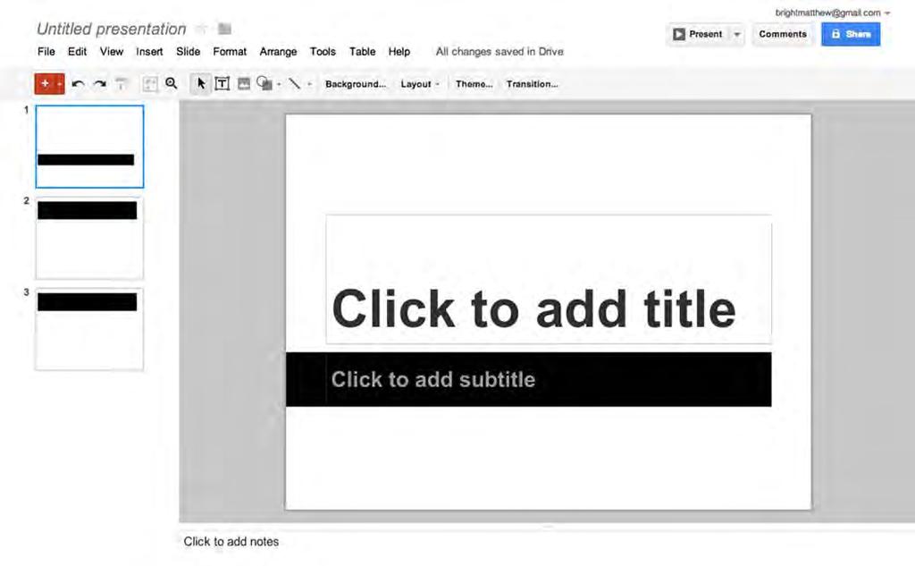 Add a slide Insert tools Start presentation Slide browse Slide notes You can change the slide background, insert images, and add transitions between slides from the toolbar.