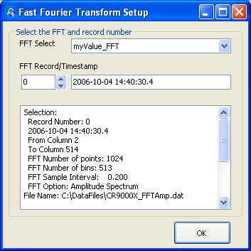 Section 6. View Pro 6.7.5.1 Selecting Data to be Graphed From an FFT Screen When an FFT screen is opened, a Fast Fourier Transform Setup dialog box will open which allows you to set up the FFT.