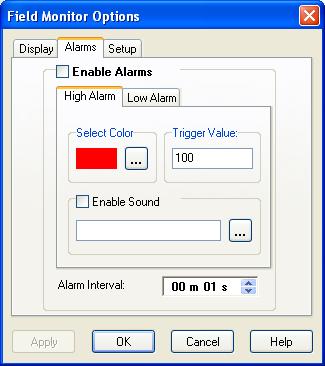 Section 7. Monitoring Data in Real-time 7.1.5.2 Alarms Tab In the Alarms tab, you can set up alarm conditions. Check the Enable Alarms check box to make the alarm configuration active.