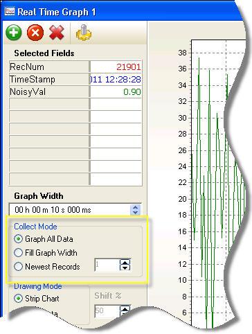 Section 7. Monitoring Data in Real-time 7.4.6 Data Retrieval Methods used by the Graph Screen Choose whether to Graph All Data, Fill Graph Width, or graph only the Newest Records.