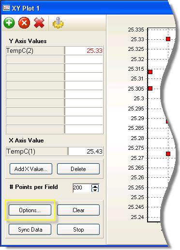 Section 7. Monitoring Data in Real-time 7.6.6 Using the Special Options of the XY Plot Press the Options button to access the special options for the operation of the XY Plot.
