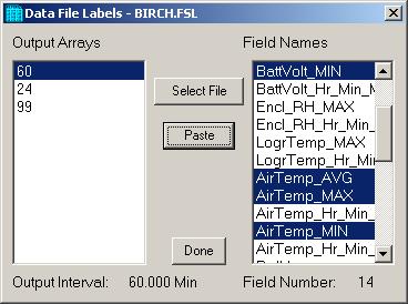 Section 10. Utilities In this example we want the hourly data (note the Output Interval at the bottom of the Data File Label window), so click array 60.