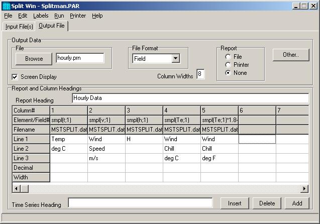 Section 10. Utilities The following screen shows the output file setup including the column headings and the units. This.PAR file produces a wind chill summary of the Mt. Logan Peak data set.