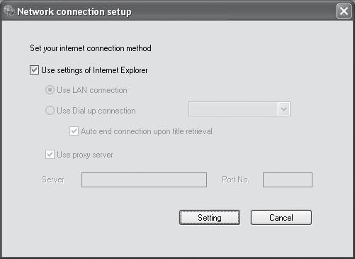 (e.g., 8080) Note If you make any changes to the proxy server settings, restart Title Updater. 2 Click [Conn.set]. The network connection setup display appears.
