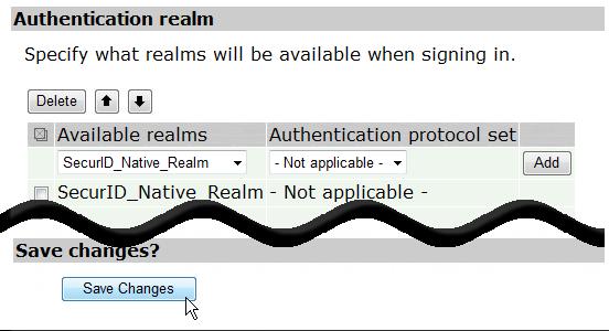 13. Select a realm that supports RSA SecurID authentication (via the RSA Authentication Manager native protocol or RADIUS) from the Available Realms dropdown list and click the Add button.