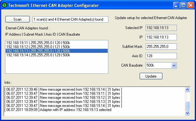 3.3. Changing the configuration of an Ethernet-CAN Adapter Selecting an adaptor from the list copies its setup in the right fields, where they can be modified.