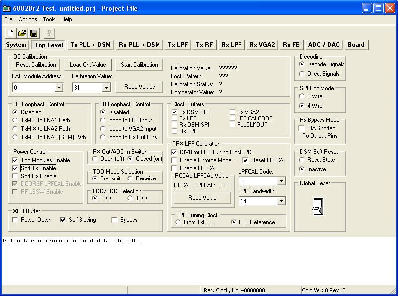 Figure 54 Top Level Settings Note: The LMS6002 communication can be easily checked by toggling the Soft Tx Enable in the
