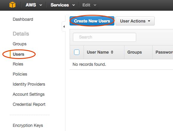 15. Navigate to the IAM console From the AWS Dashboard, select "Identity & Access Management". 16. Create New Users Click "Users", then "Create New Users". a.