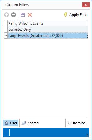 Unit 19: Using the Query Tools to Track Business Saving/Loading Custom Filters 1. Filter the grid data as described above. 2. Click the Filters button at the top of the grid window. 3. Click Custom.