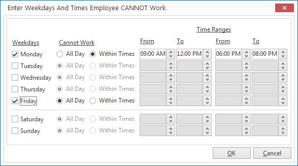 Unit 20: Managing Staff for an Event Setting a Defined Employee Work Schedule With Employee Manager, you are able to designate the days and times an employee is unavailable for work.