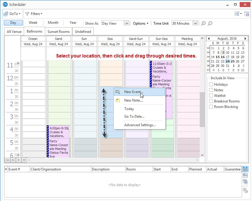 Unit 3: Using the Calendar of Events Adding an Event From the Scheduler 1. With your Scheduler open, group your Sub-Events calendar as described in "Viewing Events Graphed by Room, Site Location, Etc.