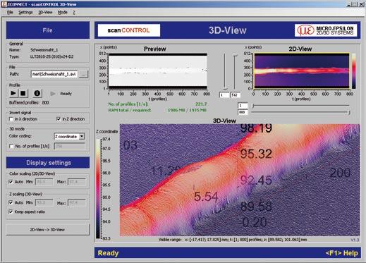 The scancontrol 3D-View software is designed for viewing and exporting this 3D data.