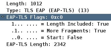 Fragmentation in EAP TLS From the same screenshot, you can see that: EAP packet length is 1,012 EAP TLS length is 2,342 This suggests that it is the first EAP TLS fragment and the supplicant should