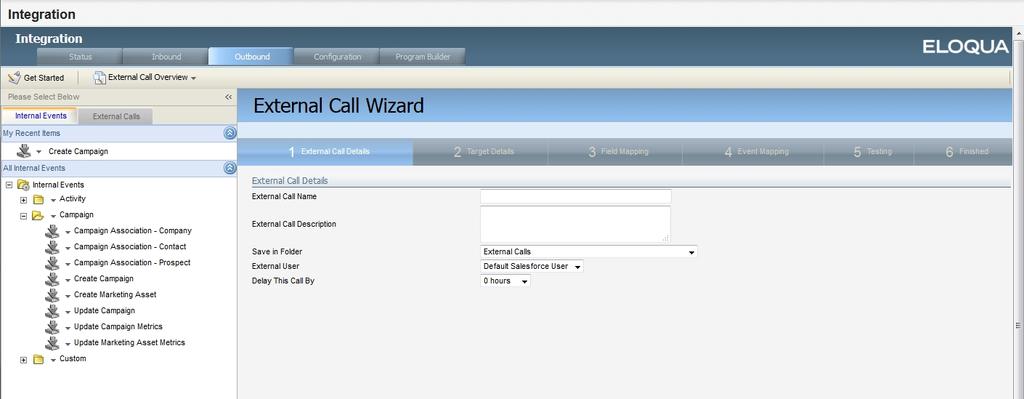 5. Click the arrow next to the internal event, and select Create New External Call. Refer to the following table for the internal events to use.