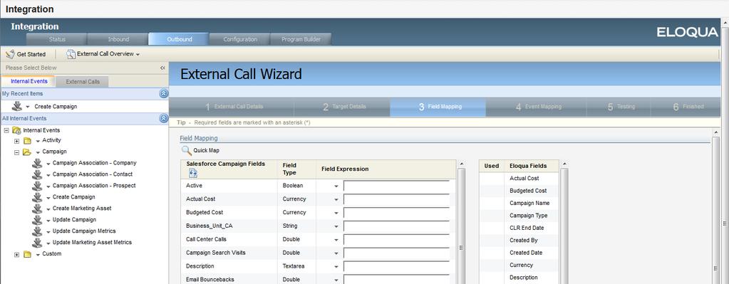 External call Configuration Field to store the Salesforce entity ID: System Defined Update Campaign Action: Update The remaining settings are the same as for the Create Campaign external call.
