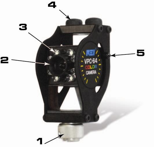 CONTROLS CAMERA HEAD Figure 2 Camera Head (Color Camera Head Pictured) 1. Camera Connector: connects the Camera Head to the pole. This connector provides both electrical and physical connections. 2. Camera Lens: can be rotated to focus the video image.