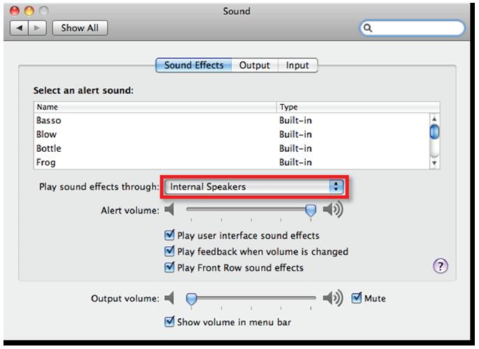 Figure 7 - Configuring Sound on Mac OS X Input Figure 8 - Configuring Sound on Mac OS X Output The system sound effects should be sent to the built-in
