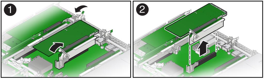 Install a PCIe Riser Into PCIe Slot 1 or 2 4. Lift the green-tabbed latch on the rear of the server chassis next to the applicable PCIe slot to release the rear bracket on the PCIe card [1].