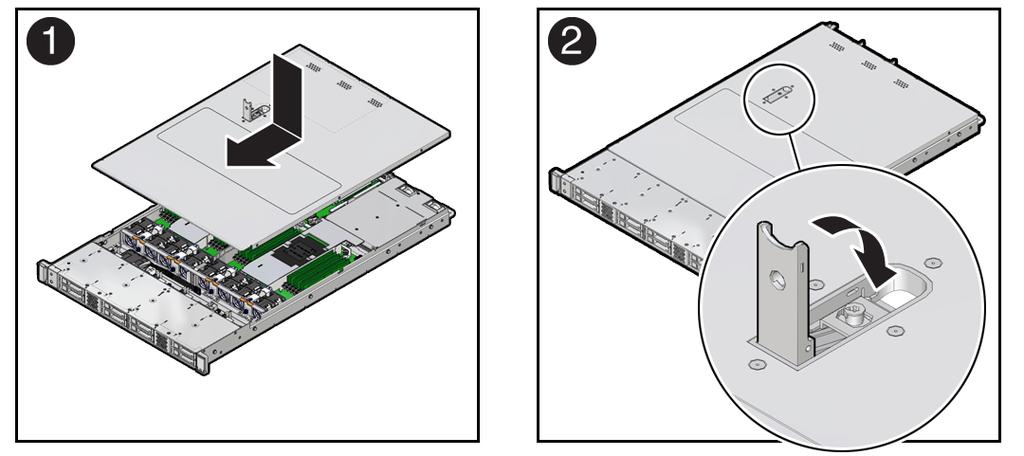 Remove Antistatic Measures As you slide the cover toward the front of the server, the release button on the top of the server automatically rotates downward to the closed position.